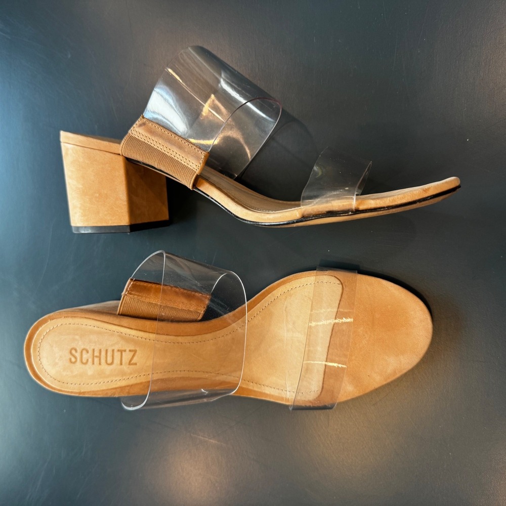 Schutz Women 9 B Clear Strap Tan Footbed Block Heel Slide Mule Sandals Neutral - Picture 2 of 16